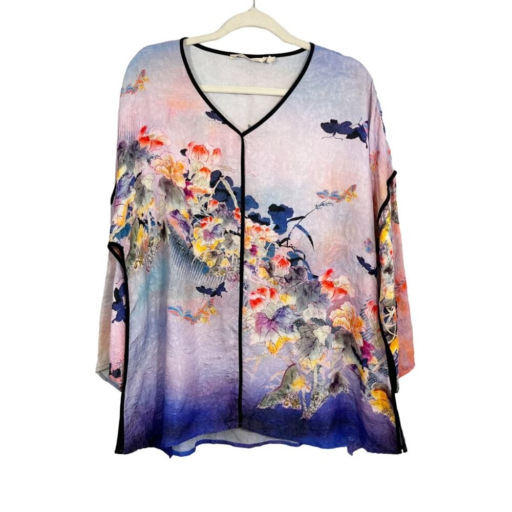 Soft Surroundings Watercolor Artsy Floral Silk Long Sleeve Blouse V-neck MEDIUM